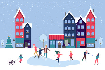 Winter, Christmas and New Year poster with people skating on the ice rink.