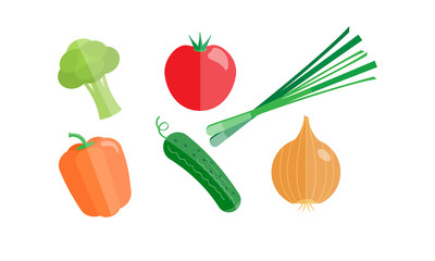 Collection of vegetables, broccoli, tomato, onion, cucumber, sweet pepper vector Illustration on a white background