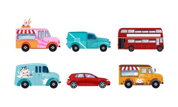 Transportation vehicles set, urban public and freight vehicles vector Illustration on a white background