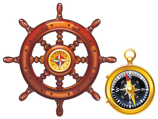 Steering wheel of the ship and the golden compass.