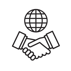 Vector handshake and globe icon. International partnership. Inte