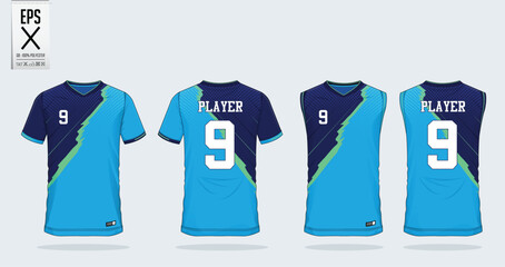 Blue t-shirt sport design template for soccer jersey, football kit and tank top for basketball jersey. Sport uniform in front and back view. Sport shirt mock up for sport club. Vector Illustration.