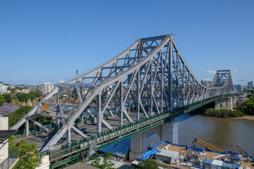 This is an image of story bridge in brisbane as shot from a drone - obrazy, fototapety, plakaty