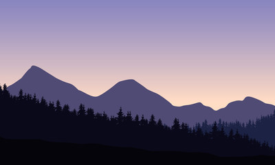 Vector illustration of a mountain landscape with forest and tree top, under a clear blue sky