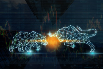 polygonal bull and bear shape writing by lines and dots over the Stock market chart with information over the Modern business building glass of skyscrapers, trading and finance investment concept