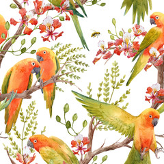 Aquarel tropische papegaaien vector patroon