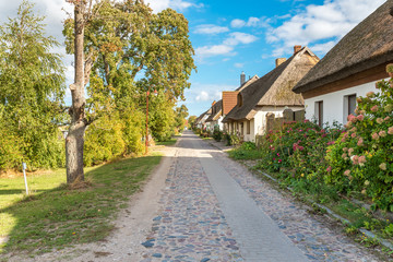 Fototapeta na wymiar Village road in the picturesque fishing village Neu Reddevitz on the Rügen island in the north east of Germany