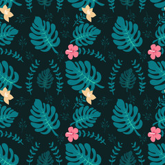Tropical background with palm leaves. Seamless floral pattern. Summer illustration. Flat jungle print