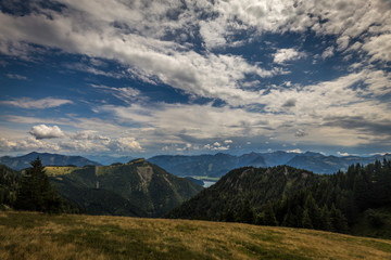 Mountain landscape with hiking trail and view of beautiful landscape around Wolfgang see, Salzkammergut region, near Salzburg, Schafberg, Austria.