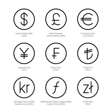 Currency exchange icons. Money line signs. US dollar, UK pound sterling,  euro, japanese yen, swiss franc, turkish lira, norwegian krone, swedish  krona, florin, polish zloty in circles. Outline logo. Stock Vector