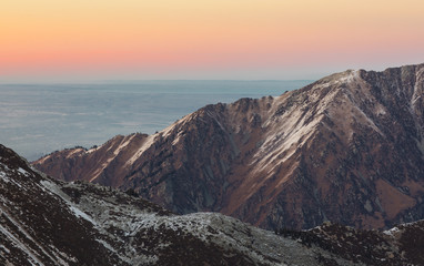 mountain snowy peaks at sunset, Kazakhstan, Zailiysky Alatau