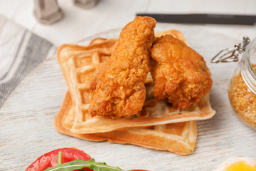 Delicious waffles with chicken on wooden board, closeup