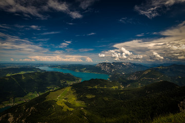 Mountain landscape on the top of the hiking trail to the Schafberg and view of beautiful landscape over the Mondsee lake. Salzkammergut region near Salzburg, Schafberg, Austria.