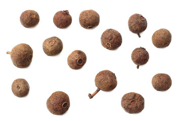 Allspice pepper isolated on white background. Peppercorn. Macro. top view
