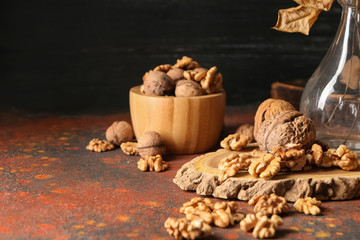 Tasty walnuts on color table