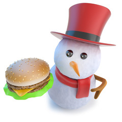 3d Funny cartoon snowman in top hat holding a cheese burger fast food snack