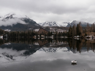 Mirror on the lake. Mirroring on Strbské Pleso in the High Tatras. Mirroring in mountains.