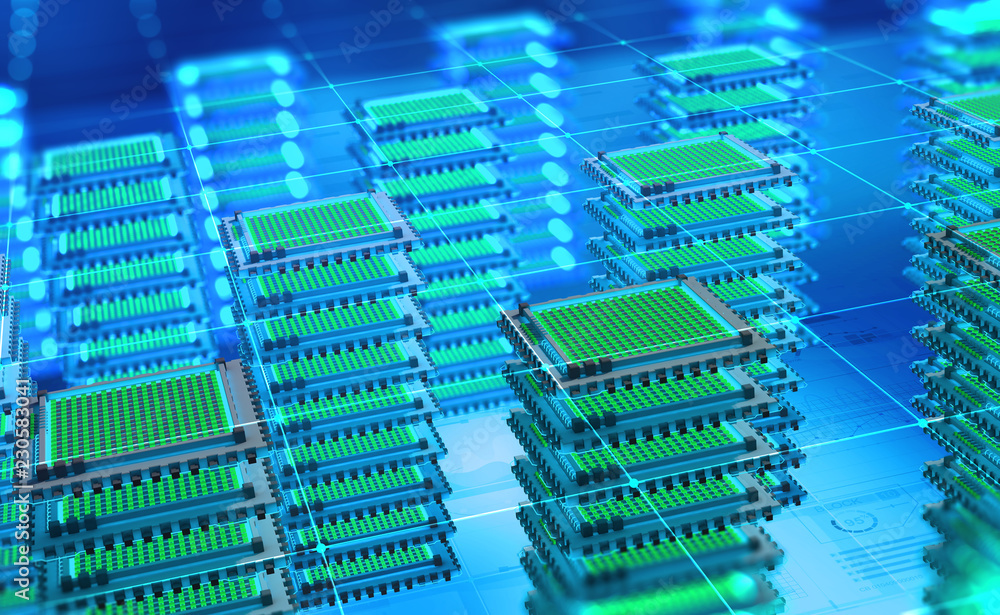 Poster Futuristic Data center. Big Data analytics platform. Quantum processor in the global computer network. 3d illustration of digital cyberspace