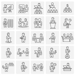 Business collaboration thin line set on squares background icons
