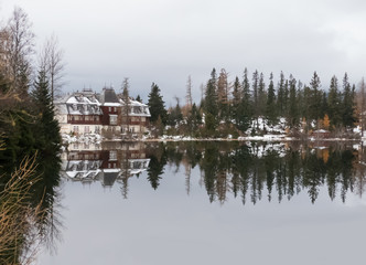 Fototapeta na wymiar Mirror on the lake. Mirroring on Strbské Pleso in the High Tatras. Mirroring in mountains.