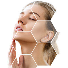 Beautiful female face in honeycombs. Spa and face lifting concept.