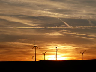 Fototapeta na wymiar Sonnenuntergang im Hunsrück mit Windrädern