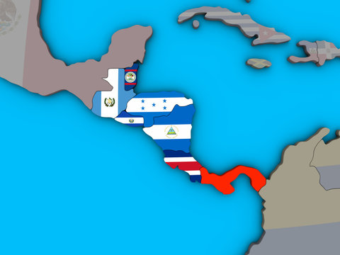 Central America with embedded national flags on blue political 3D globe.