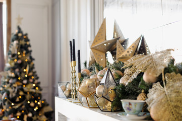 New Year's interior decoration. room in a festive style with New Year mood elements