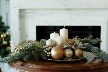 New Year's interior decoration. room in a festive style with New Year mood elements