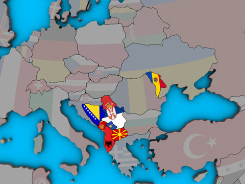 CEFTA countries with embedded national flags on blue political 3D globe.