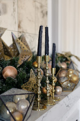 New Year's interior decoration. room in a festive style with New Year mood elements