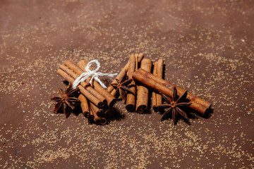 Brown sugar, cane and sugar. Ingredients for baking. Spices for cooking