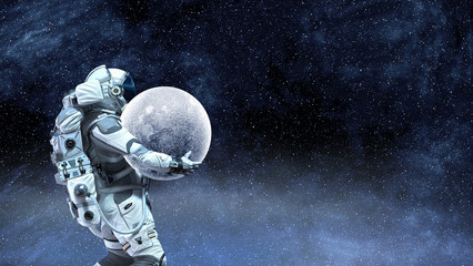 Spaceman carry moon planet. Mixed media