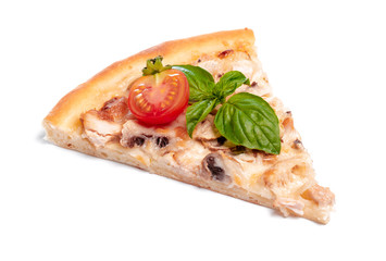 Slice of fresh pizza with pepperoni isolated on white background