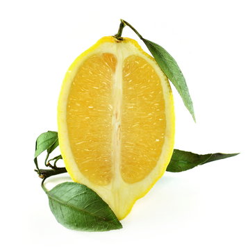 Half lemon with green leaves on white background