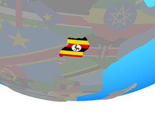 Uganda with national flag on simple political globe.