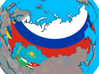 Former Soviet Union with embedded national flags on blue political 3D globe.