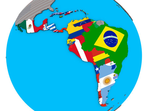 Latin America with embedded national flags on blue political 3D globe.