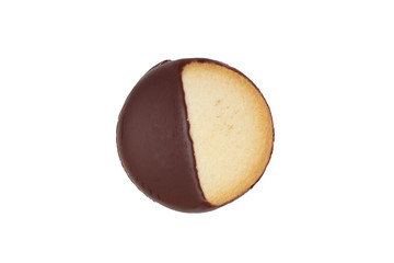 Heidesand cookie with one half covered in dark chocolate frosting