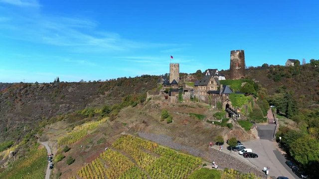 Aerial view of vineyards in autumn near Alken, Moselle River