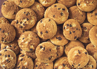 Chocolate chip cookies background. Top view