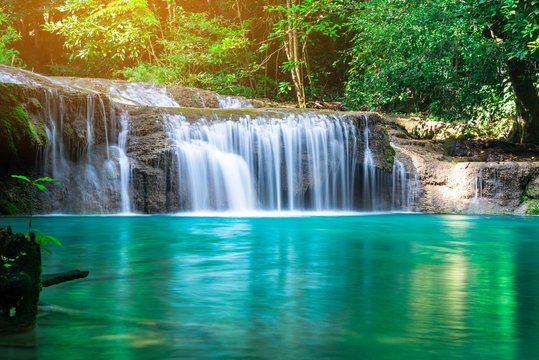 Fototapeta Erawan waterfall at tropical forest of national park, Thailand 