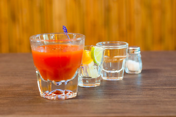 Alcoholic cocktail mix set for drinking tequila silver on the table