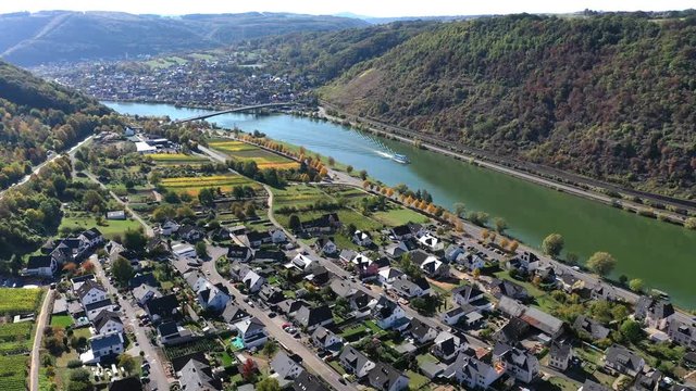 Aerial view of vineyards in autumn near Alken, Moselle River