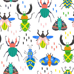 Scandinavian style bugs. Hand drawn colored vector seamless pattern