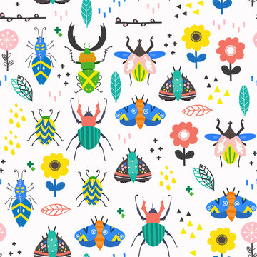 Scandinavian style bugs and flowers. Hand drawn vector seamless pattern
