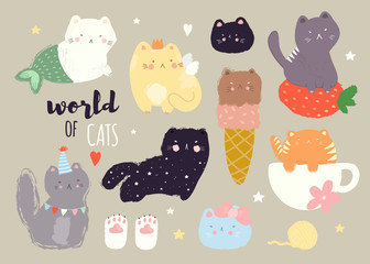 World of cats. Big vector set of various kittens. Everything is isolated