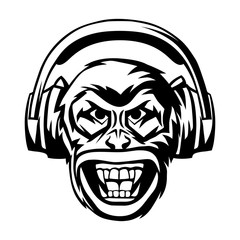 Angry monkey head in headphones.