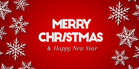 Fototapeta na wymiar Merry Christmas & Happy New Year as festive greeting concept with white snowflakes and red background