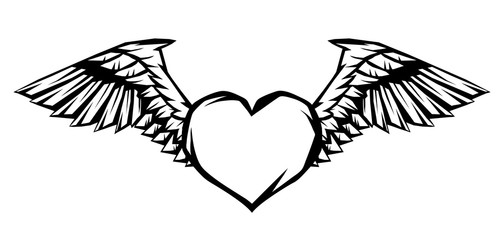 Heart with wings for tattoo design or emblem.